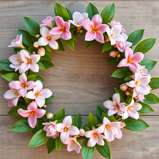 Create a high-resolution floral wreath design featuring delicate pink flowers and lush green leaves, shot with a DSLR camera at f/5.6 aperture, 50mm lens, natural light, overhead view, soft focus for a dreamy effect.