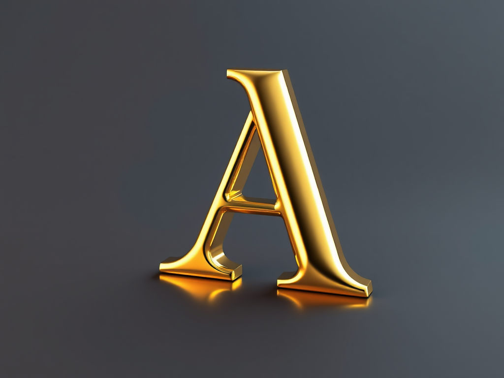 Create a high-quality 3D rendering of a glossy gold letter A with a reflective surface, using a Canon EOS R5, 85mm lens, f/1.8 aperture, 1/125 sec shutter speed, and lighting that emphasizes the metallic sheen.