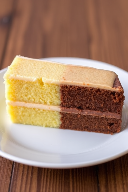 A slice of cake divided in half with one side yellow vanilla and the other side rich chocolate placed on a white plate with a wooden background