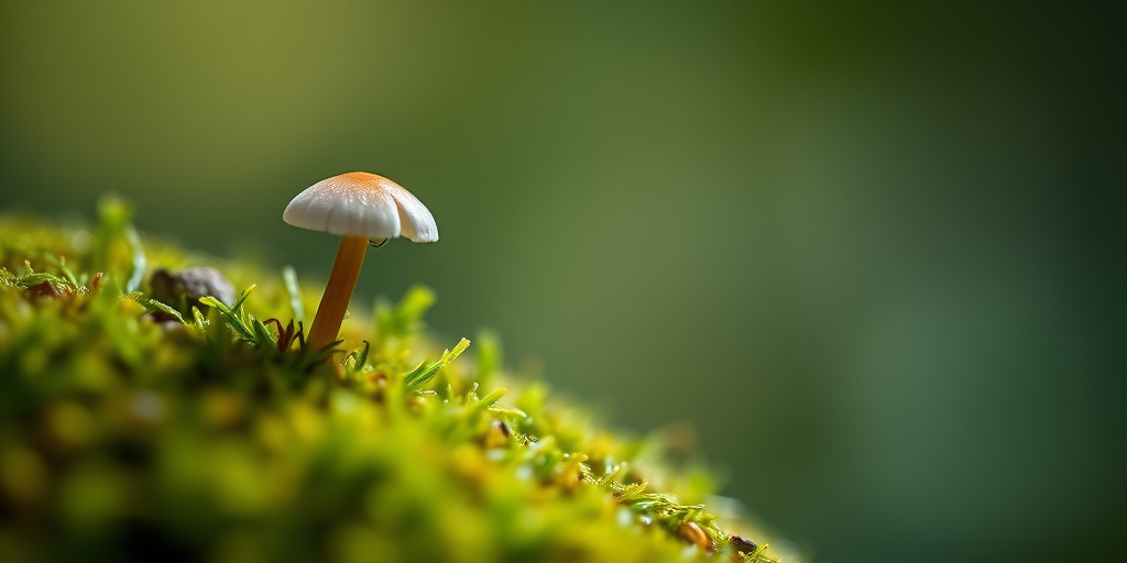 Close-up of a small mushroom growing from moss, softly blurred background, natural light, f-stop 2.8, ISO 100, shutter speed 1/200, macro lens, DSLR camera, shallow depth of field.