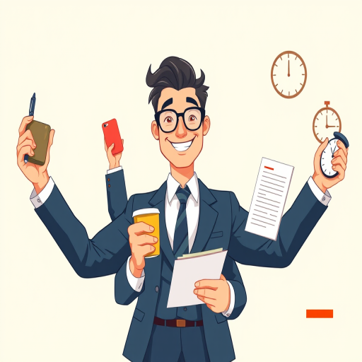 Create an illustration of a confident businessman with multiple arms engaging in various tasks such as holding a coffee cup, a phone, a pen, a document, and a clock, using a clean and modern vector art style, captured with a Canon EOS 5D Mark IV camera, at f/8 aperture, ISO 100, 50mm lens for sharp details and vibrant colors, set against a soft pastel background.