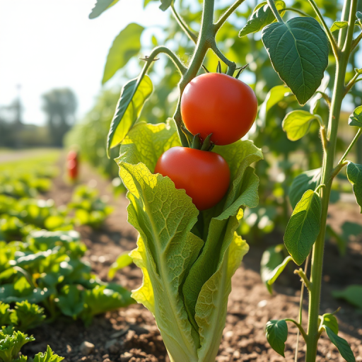 a vibrant green lettuce wraps tightly around the stem of a tall, juicy tomato plant. The sun shines down on the scene, casting long shadows across the ground. in genderless fashion, Androgynous, neutral, modern, unisex, aidmasoftglow