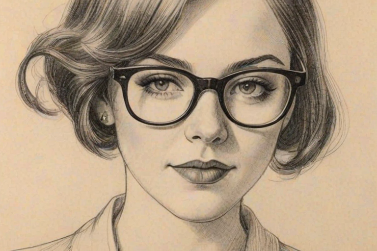 Superb Christa Miller, pencil sketch, portrait of Graceful woman 1920s in glasses, hair style beatnik, outline, clear lines, fine lines, 8k