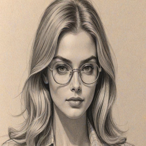 Beauteous Brighton Sharbino, pencil sketch, portrait of Exquisite woman 1969s in glasses, hair style beatnik, outline, clear lines, fine lines, 8k