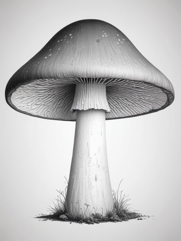 Elegant Black and White Illustration of a Majestic Mushroom in Nature