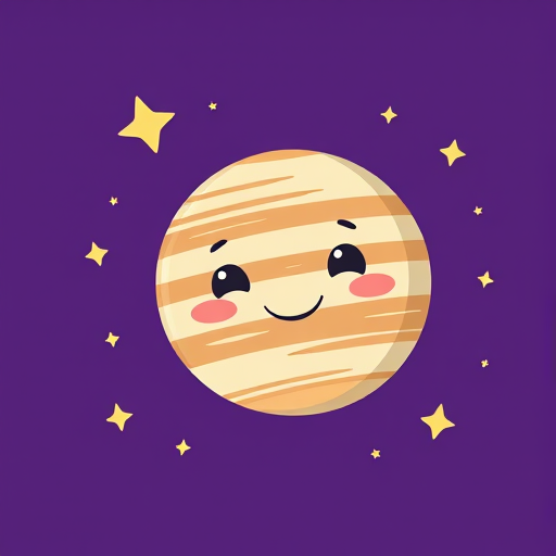 Create a cute cartoon illustration of Jupiter with a smiling face, surrounded by stars on a purple background, using a digital art style, 4k resolution, 50mm lens, f/2.8 aperture, and a soft focus effect for a dreamy look.