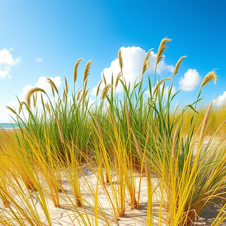 Capture a vibrant beach scene with tall green grasses swaying in the wind, golden sand dunes in the foreground, under a bright blue sky with fluffy white clouds, using a DSLR camera with a 24mm lens, aperture set to f/8 for depth of field, ISO at 100 for clarity, in natural light, and shot at eye level for a balanced perspective.