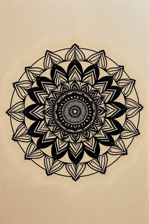 Create a high-resolution image of a circular, intricate mandala pattern with a symmetrical design, using a DSLR camera with a 50mm lens, aperture set to f/2.8, ISO 200, and shot from a top-down angle to enhance detail and contrast.