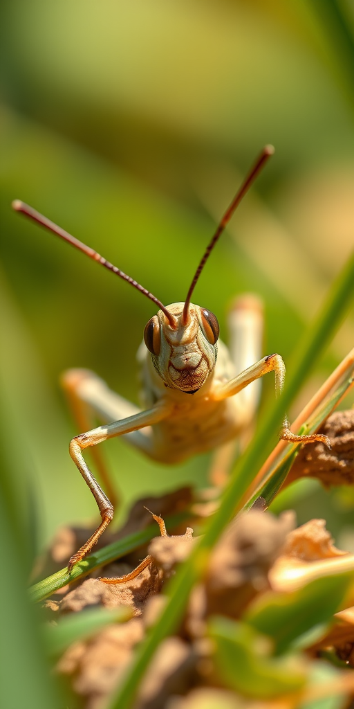 Create a highly detailed illustration of a grasshopper in a natural setting, using a DSLR camera at f/8 aperture, ISO 200, and a shutter speed of 1/250s, captured from a macro perspective with soft natural lighting.