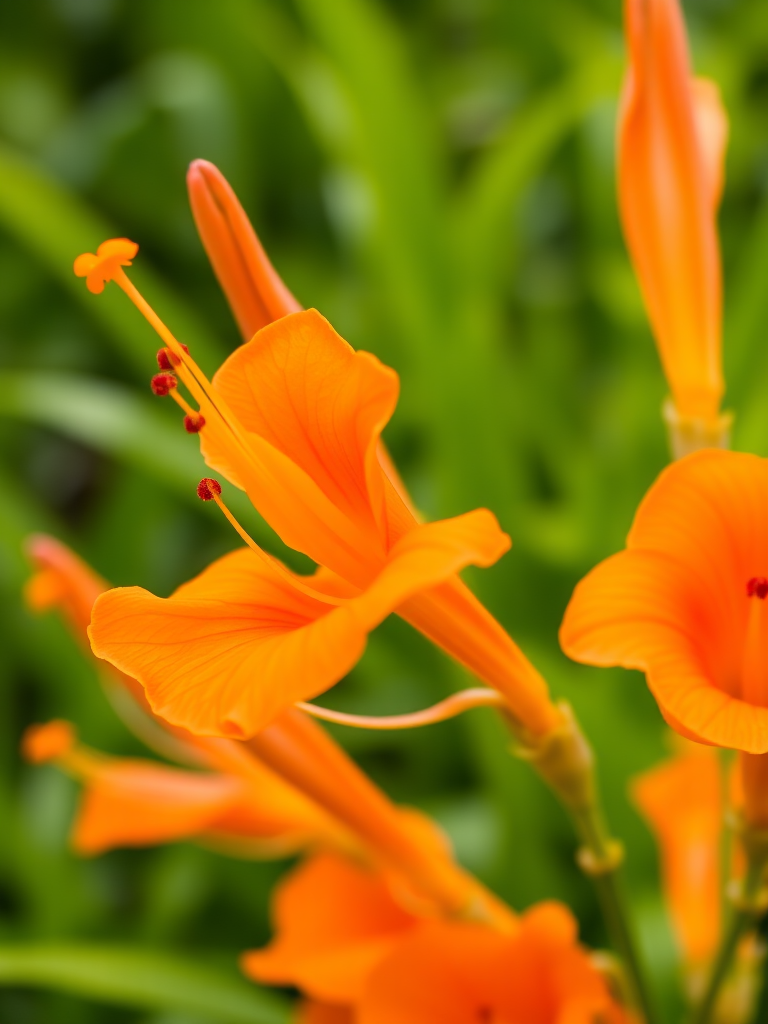 Close-up of vibrant orange trumpet flowers with lush green background, macro photography, aperture f/2.8, shutter speed 1/250s, ISO 100, taken with a DSLR camera, natural lighting, shallow depth of field to enhance flower details.