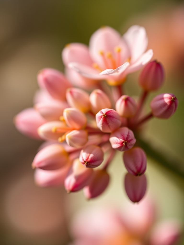 macro photography of flowering plant with detailed focus on buds, shallow depth of field, f/2.8 aperture, 50mm lens, ISO 100, natural light, DSLR camera, vibrant colors, soft background blur
