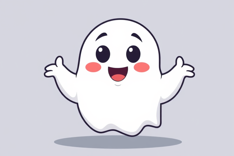 Create a cute cartoon ghost character with a simple design featuring a round body and two small arms raised in excitement the ghost should have a happy expression with wide eyes and a small mouth colored in white with a black outline suitable for a playful and cheerful theme