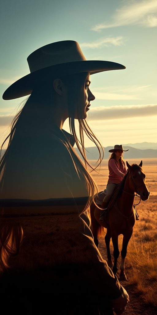 "Create a Double exposure", a silhouette "profile portrait of a young cowgirl" with long hair "superimposed" against a long shot of a cowgirl riding a horse across the plains, fantastic view, 32k, cinematic, hyper-realistic.