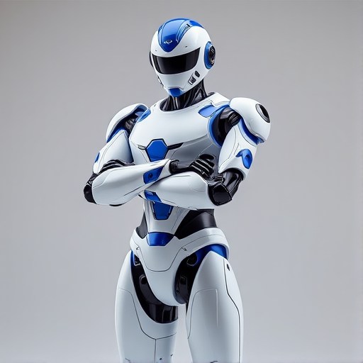 Generate an image of a humanoid robot with a glossy white and blue design, standing confidently with arms crossed, in a studio setting, using a Canon EOS R5 camera with a 50mm f/1.2 lens, ISO 100, f/2.8 aperture, and a softbox for even lighting to enhance details and colors.