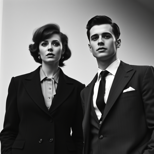 Black-and-white photograph, couple, tailored suits, retro hairstyles, film noir style, Tilt the camera for a dynamic Dutch angle using a versatile 24-70mm lens