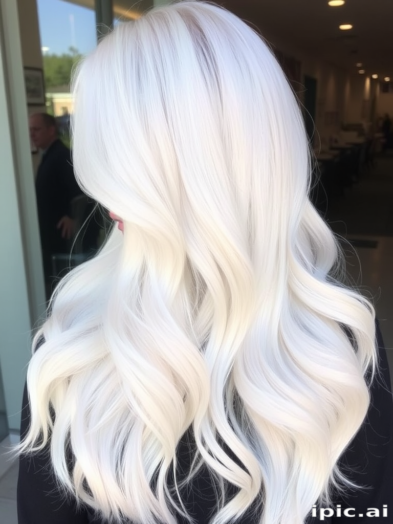 Ethereal white and silver ombré known as "Winter's Whisper" transitions seamlessly from pure white roots to icy silver tips, styled in long, flowing waves with a pearlescent sheen