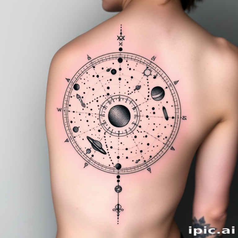 Mesmerizing dotwork tattoo depicting an intricate celestial map with constellations and planets, tiny precise dots forming subtle gradients and textures, monochromatic black ink for a timeless and elegant appearance