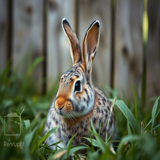 regenerate a close-up image of a spotted rabbit sitting in greenery with a blurred wooden fence in the background, using a DSLR camera with a 50mm lens, aperture f/2.8, ISO 100, natural lighting for a soft effect