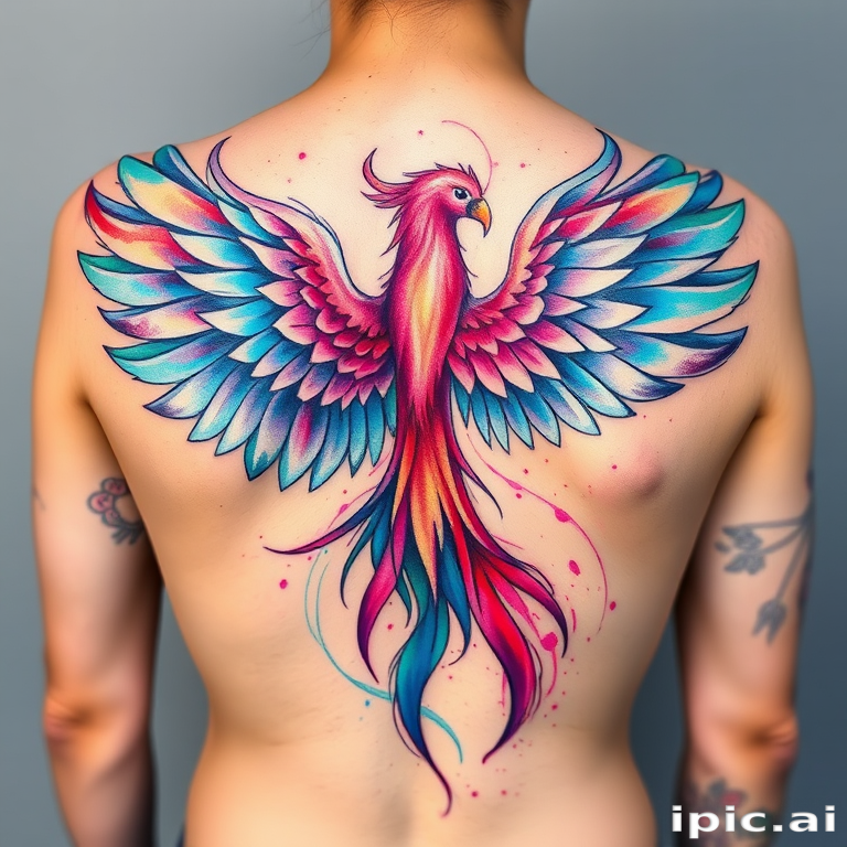 Vibrant watercolor phoenix tattoo design with iridescent feathers and flowing brushstrokes, incorporating shades of turquoise and magenta, emblazoned across the upper back in a sweeping arc