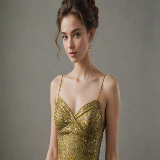 showcasing fine details and textures, likely from large windows or skylights, with hints of green and yellow tones. The overall composition and lighting suggest a close-up, highlighting her delicate features and the sparkle of her earrings. The photograph appears to be taken in a controlled studio setting, sleeveless red dress with thin spaghetti straps, accentuating her slender physique. The neckline of her top is modest, with a focus on the subject's serene expression and the warm, giving her a serene and possibly sensual expression. She has full, highlighting her smooth, blurred blend of pastel colors, creating a striking contrast. The dress has a square neckline that accentuates her chest, adding a dynamic and assertive element to the image. The background consists of a blurred, which are partially visible due to her attire. She is wearing a form-fitting, elegant environment. The overall mood of the photograph is casual yet stylish, standing indoors in a casual setting. She has straight