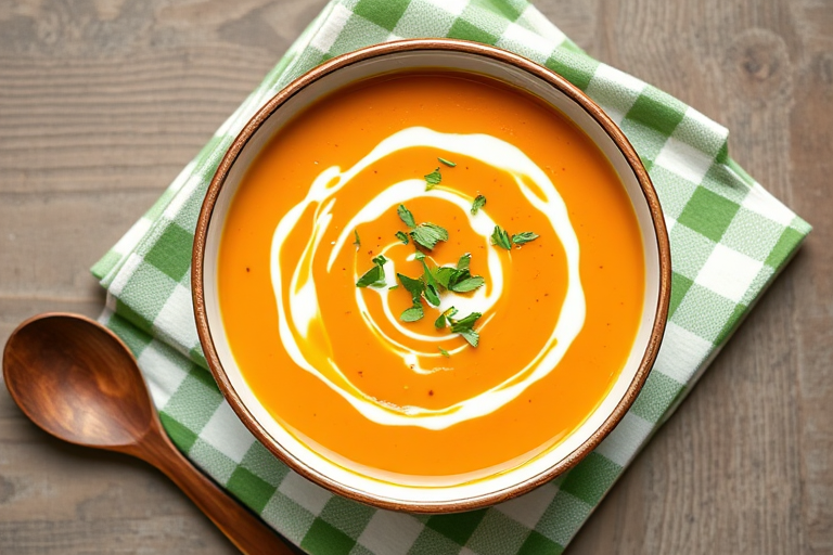 a vibrant bowl of creamy carrot soup with swirls of cream and green herbs on top, placed on a checkered green and white napkin, wooden spoon beside it, shot with a DSLR camera at f/2.8, 50mm lens, natural lighting, top-down view, high saturation for vivid colors