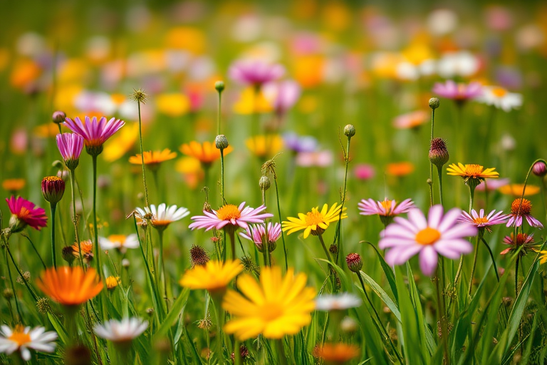 regenerate a vibrant field of wildflowers with a variety of colorful blooms in focus against a slightly blurred background, captured with a Canon EOS 5D Mark IV, aperture f/4, ISO 100, 50mm lens, in natural light, showcasing a close-up view of flowers and lush green grass