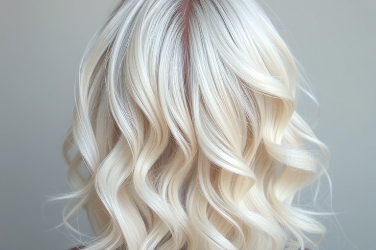Ethereal waist-length white-blonde waves with a center part, showcasing a subtle silver sheen and baby hairs artfully styled, evoking an angelic appearance