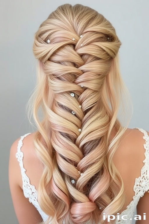 Soft rose gold waves cascade down in a waterfall braid, intertwined with delicate crystal beads that catch the light, creating a romantic and ethereal bridal look.