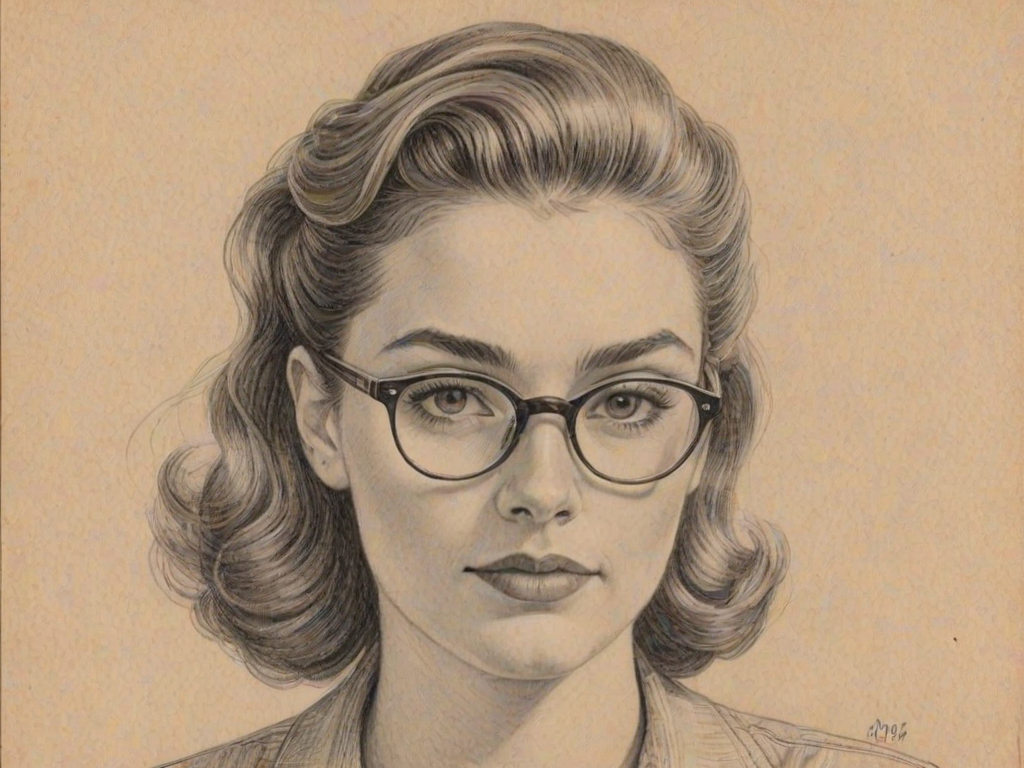 Enticing Annie Murphy, pencil sketch, portrait of Charming woman 1942s in glasses, hair style beatnik, outline, clear lines, fine lines, 8k