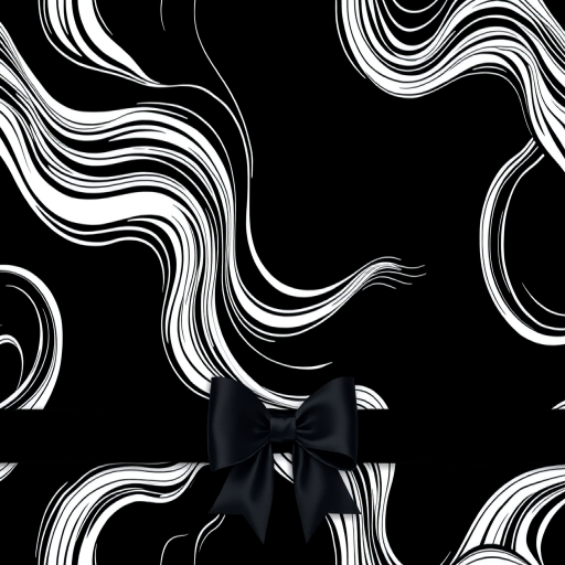 Create a seamless pattern design featuring abstract flowing lines in white on a black background, with a prominent black bow at the bottom center, shot in a high-resolution DSLR camera with a 50mm lens, aperture set to f/1.8, ISO 100, under soft natural lighting for enhanced texture and clarity.