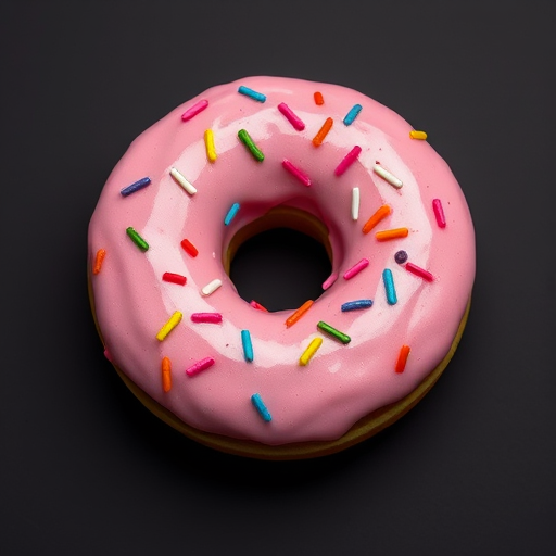 Create a high-resolution image of a pink frosted donut with colorful sprinkles on a plain black background, using a DSLR camera with a 50mm lens, aperture set to f/1.8, ISO 100, and soft diffused lighting for enhanced detail and color vibrancy.