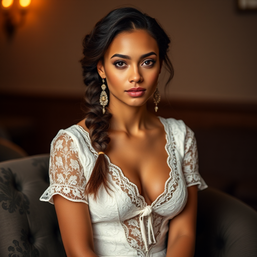 Create a portrait of a refined and elegant woman seated in a sophisticated setting. She has long, wavy hair styled in two thick braids that are pulled over her shoulders. She wears a white, lace gown with intricate patterns, featuring a deep V-neckline and short sleeves. The dress exudes a vintage charm with its delicate lacework. She is adorned with ornate, dangling earrings that add a touch of glamour to her appearance. The background is softly lit, with warm, ambient lighting that creates a cozy and inviting atmosphere. Her expression is poised and serene, capturing a sense of grace and elegance.