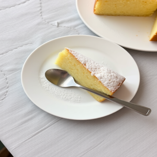 A slice of light and fluffy yellow cake on a white plate dusted with powdered sugar served with a silver spoon on a gray linen tablecloth.