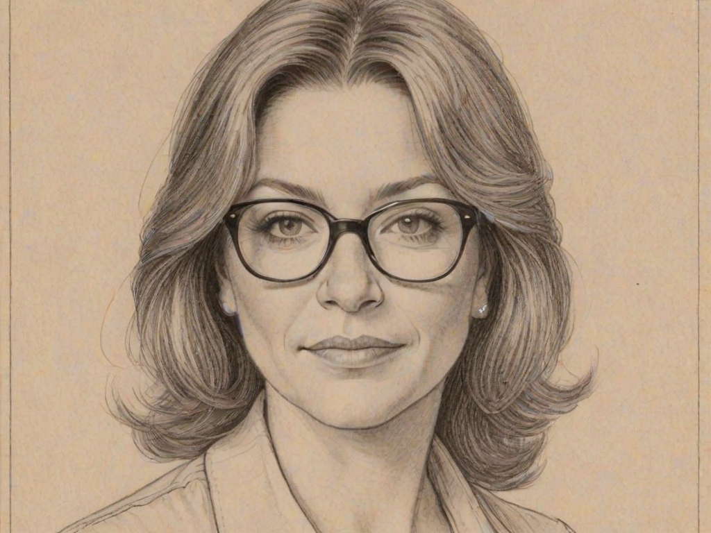 Pleasing Mindy Cohn, pencil sketch, portrait of Delightful woman 1974s in glasses, hair style beatnik, outline, clear lines, fine lines, 8k