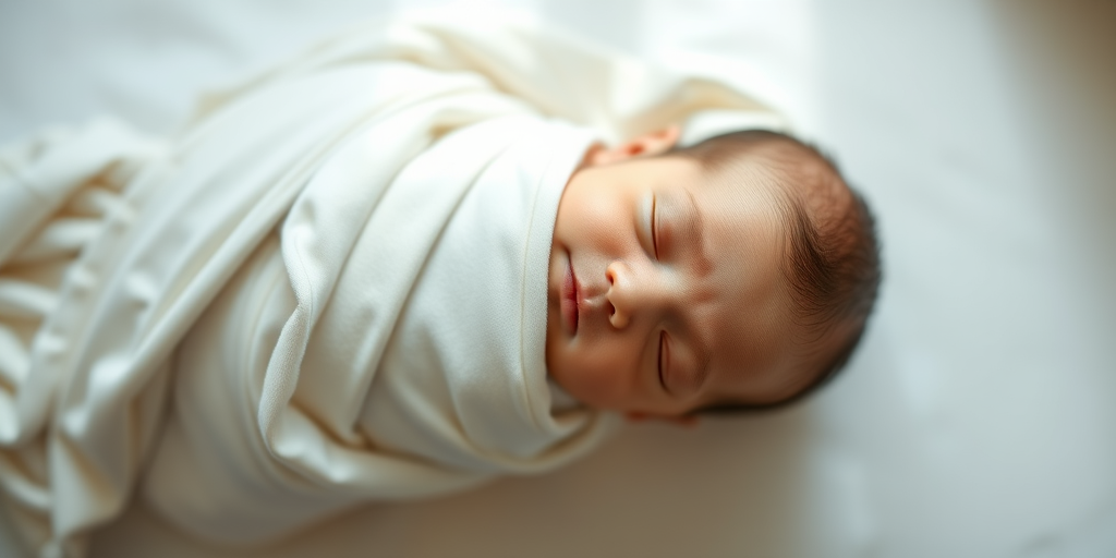 A serene newborn wrapped in a delicate white blanket, softly lit with natural daylight, positioned overhead in a minimalistic setting, shot with a Canon EOS R5, 50mm lens, aperture f/1.8, ISO 100, shutter speed 1/200s, ensuring a gentle focus on the baby's features and background blur.