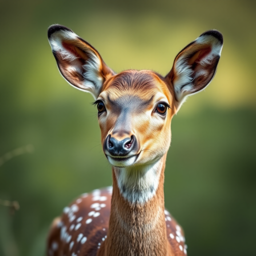 Capture a close-up of a young deer in a natural setting with a blurred background, using a Canon EOS 5D Mark IV, 85mm f/1.8 lens, aperture set at f/2.8, shutter speed at 1/250 sec, ISO 200, soft natural lighting.