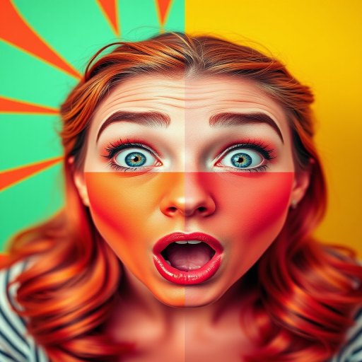 Create a vibrant, high-resolution pop art image featuring four quadrants of a surprised woman's face, with settings: f/4.0 aperture, ISO 100, 50mm lens, top-down view, using a DSLR camera with vivid color profiles and sharp focus for enhanced clarity.