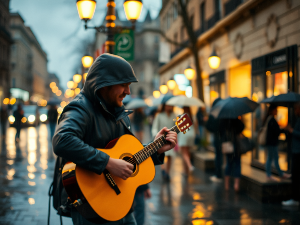Blurry candid shot of a street performer playing a guitar on a rainy evening, soft golden light from nearby streetlamps reflecting off the wet pavement, with distant passersby huddled under umbrellas.