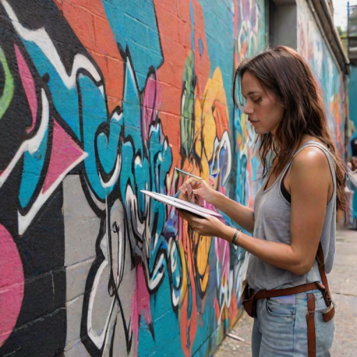 Vibrant street art scene, walls covered in colorful murals, a woman with a sketchbook stops to admire a particularly striking piece, her fingers tracing the lines of the artwork.