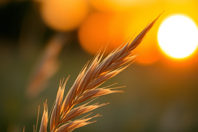 capture a close-up of a golden grass blade against a sunset background with vibrant orange and yellow hues, using a DSLR camera, aperture f/2.8, shutter speed 1/500 sec, ISO 100, in macro mode for detailed texture and soft bokeh effect