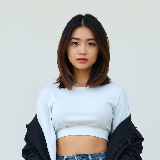 portrait of a young woman with shoulder-length hair wearing a white crop top and a black jacket, standing against a plain background, taken with a Canon EOS R5, 85mm lens, aperture f/1.8, shallow depth of field, natural light, high resolution