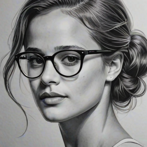 Lovely Alicia Vikander, pencil sketch, portrait of Magnificent woman 1958s in glasses, hair style beatnik, outline, clear lines, fine lines, 8k