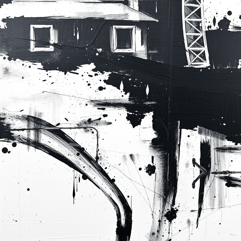 create an abstract black and white painting with bold brush strokes and textured layers