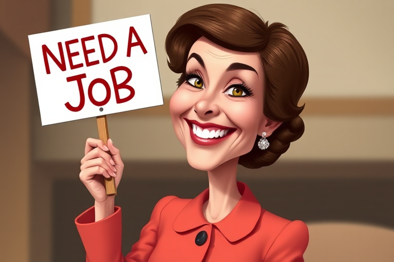 caricature of a smiling Katharine Hepburn in a Salmon dress or suit, holding up a sign that says "NEED A JOB", no watermark,