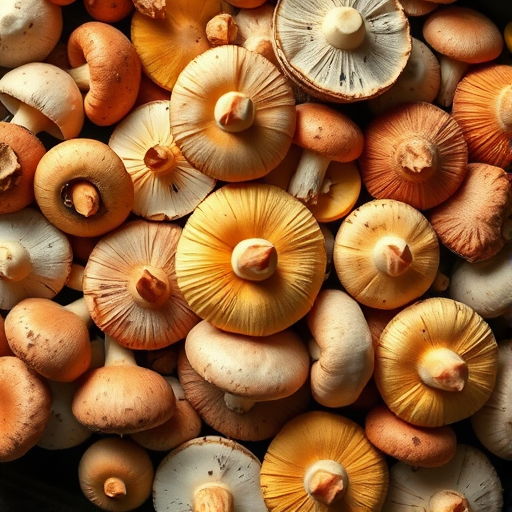 Regenerate an image of various mushrooms arranged neatly, captured with a DSLR camera at f/2.8 aperture, ISO 100, 50mm lens, natural lighting, overhead view, focus on texture and detail.