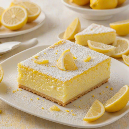 Create an image of a delicious lemon dessert that has a light, fluffy texture. The dessert should be square-shaped, with a smooth, creamy lemon filling and a dusting of powdered sugar on top. Surround the dessert with fresh lemon slices and a soft, blurred background to emphasize the vibrant yellow color.