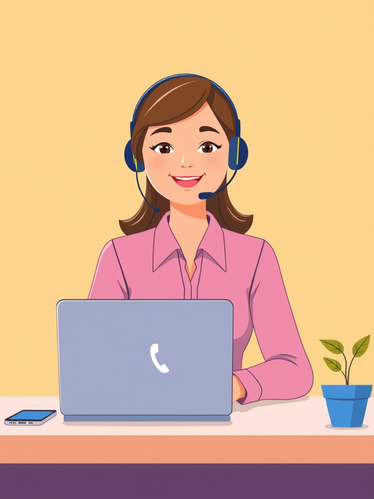 Create a digital illustration of a friendly customer service representative wearing a headset, seated at a desk with a laptop displaying a phone icon, a smartphone next to it, and a small plant in a pot, using a bright color palette, with a focus on clean lines and minimalist design, captured in a high-resolution format at 300 DPI, in a front-facing view, using a digital art style.