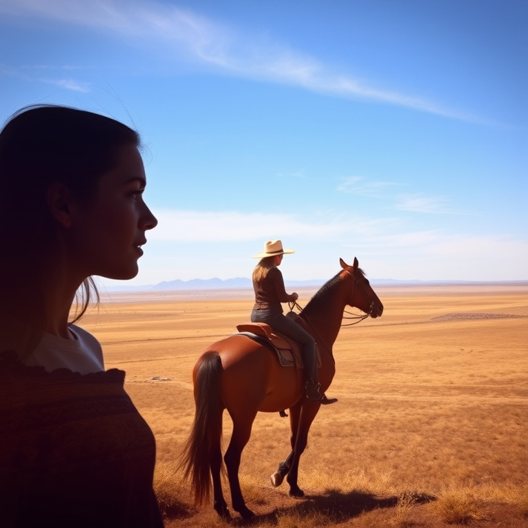 "Create a Double exposure", a silhouette "profile portrait of a young cowgirl" with long hair "superimposed" against a long shot of a cowgirl riding a horse across the plains, fantastic view, 32k, cinematic, hyper-realistic.