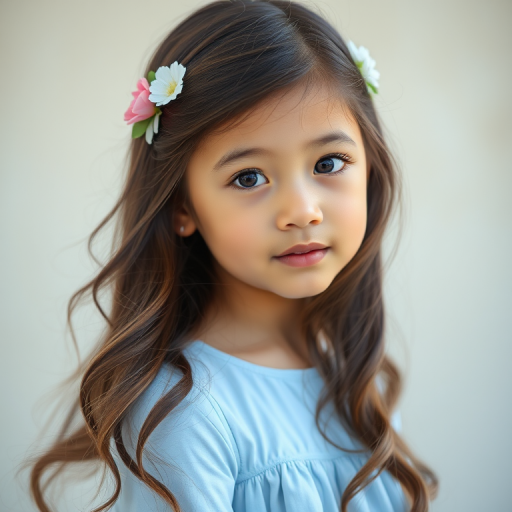 Portrait of a young girl with long flowing hair adorned with flowers, wearing a light blue dress, soft natural lighting, DSLR camera, 85mm lens, f/1.8 aperture, shallow depth of field, slight bokeh effect.