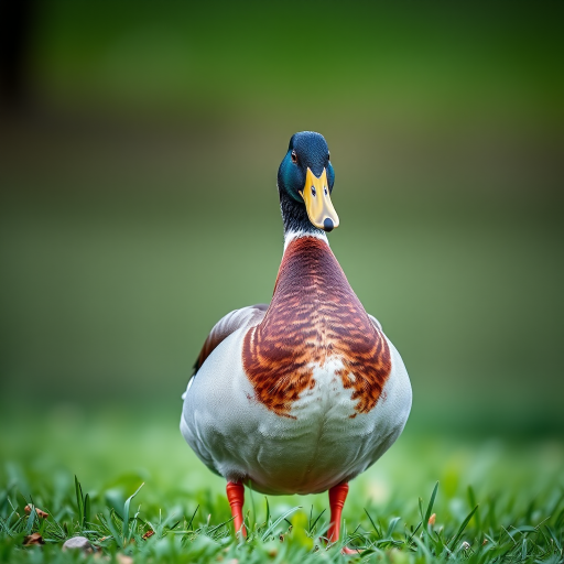 A close-up shot of a mallard duck standing on grass with a blurred background, shot with a Canon EOS 5D Mark IV, 50mm lens, aperture f/2.8, ISO 100, natural lighting to enhance detail and color vibrancy.